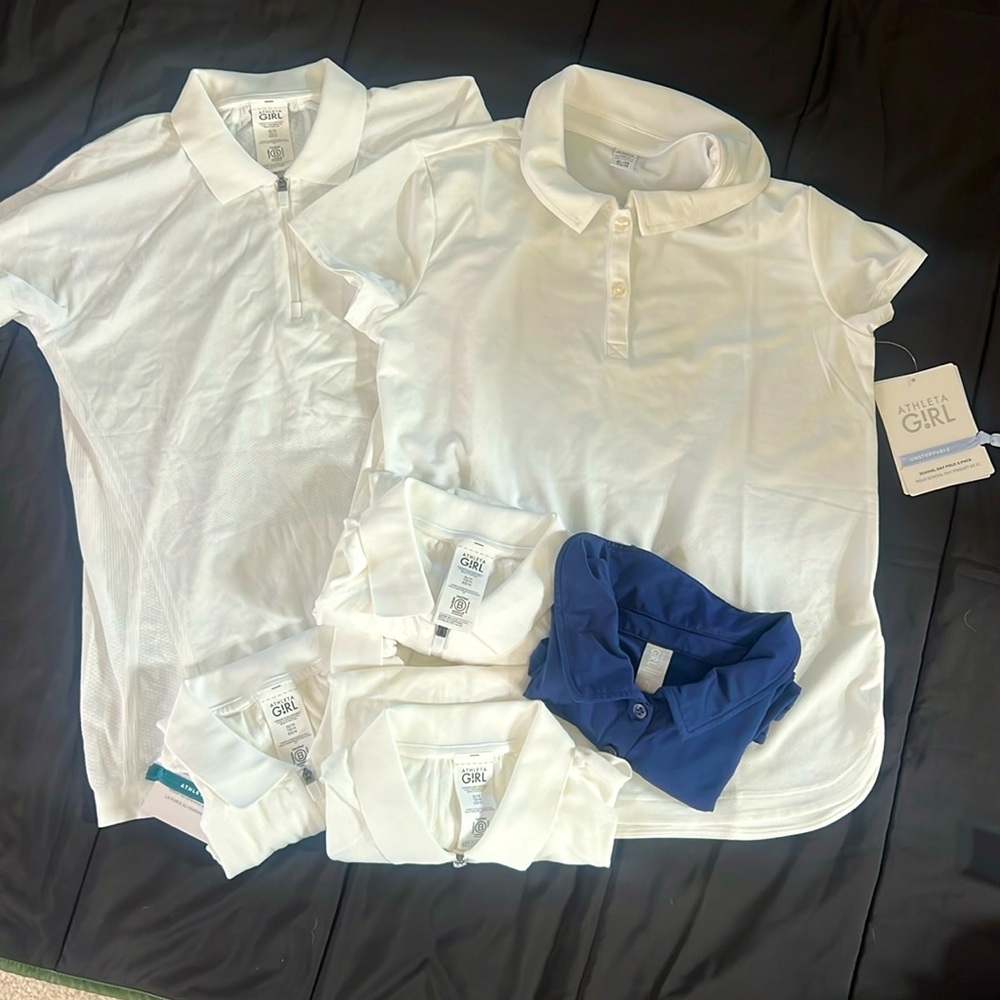 NEW NWT Athleta Girl XL 14 girls polo shirts lot navy & white short sleeve